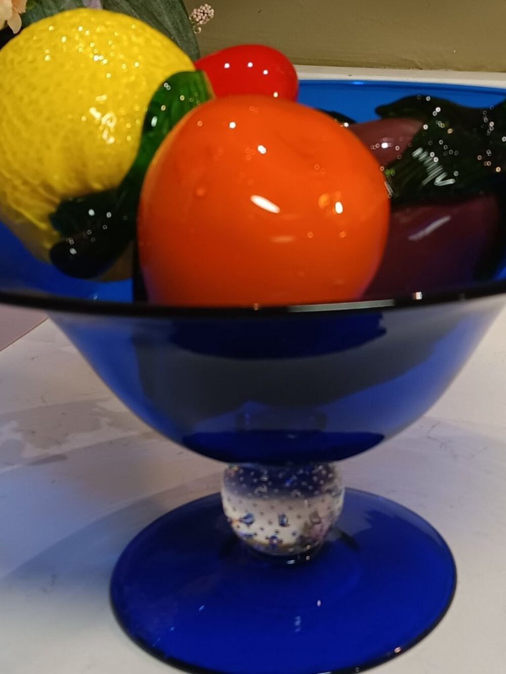 Pairpoint-Gunderson Crystal Cobalt Blue Bowl W/ 4 Murano Handblown Glass Fruits
